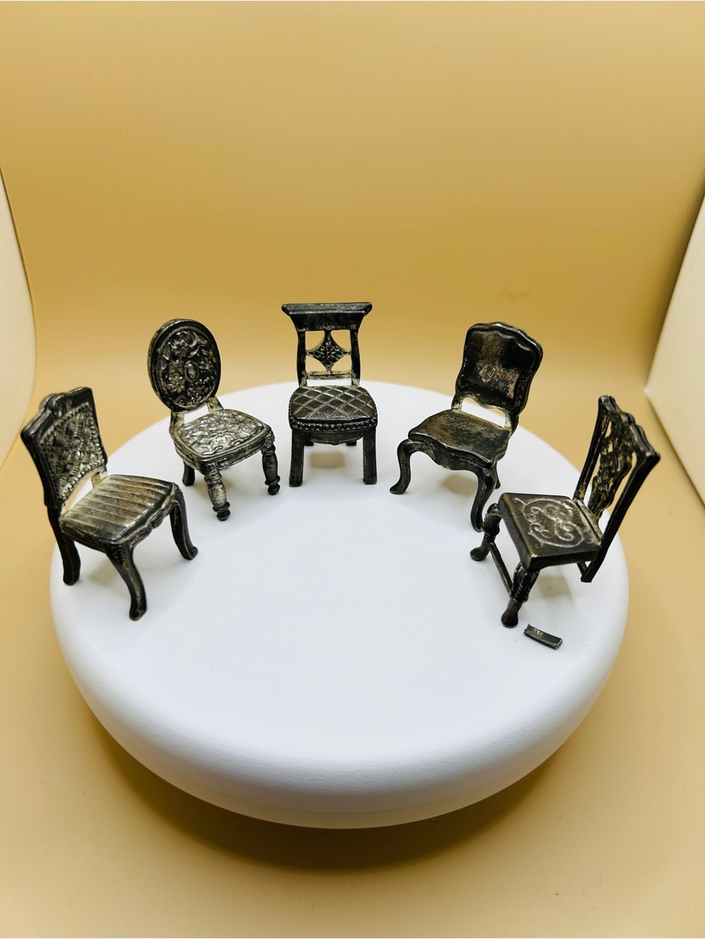 Four Vintage Pewter Miniature Dollhouse Chairs, plus one free